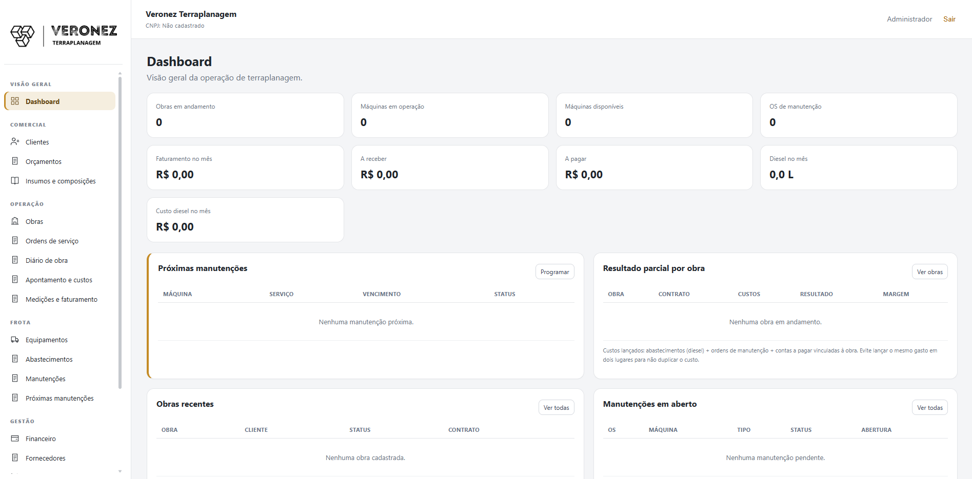 Prévia do dashboard do ERP Veronez
